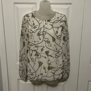 WHBM Sz XS Tassel Key Sheer Overlay Ivory Long Sleeve Blouse GUC B1313